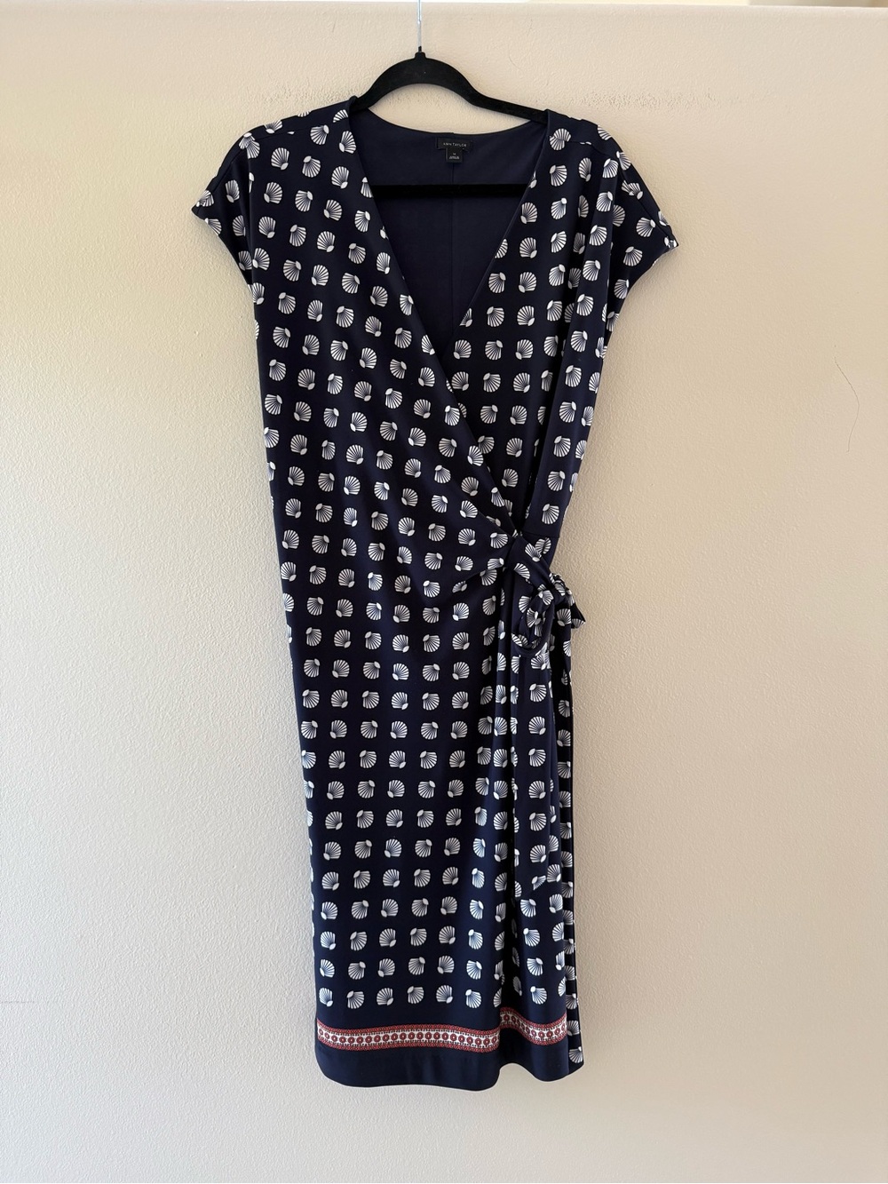 Ann Taylor Women’s Navy Seashell Print Wrap Midi Dress with Border Hem